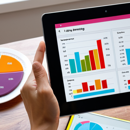 Home 4 **
A person looking at a colorful dashboard on a tablet showing various graphs (bar, line, pie chart) representing sleep patterns, exercise activity, and food intake. The scene should evoke a feeling of empowerment and control over one's health and well-being through data visualization. The setting is a bright, modern Italian apartment.
**