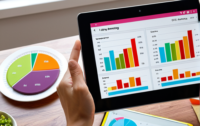 **
A person looking at a colorful dashboard on a tablet showing various graphs (bar, line, pie chart) representing sleep patterns, exercise activity, and food intake. The scene should evoke a feeling of empowerment and control over one's health and well-being through data visualization. The setting is a bright, modern Italian apartment.
**