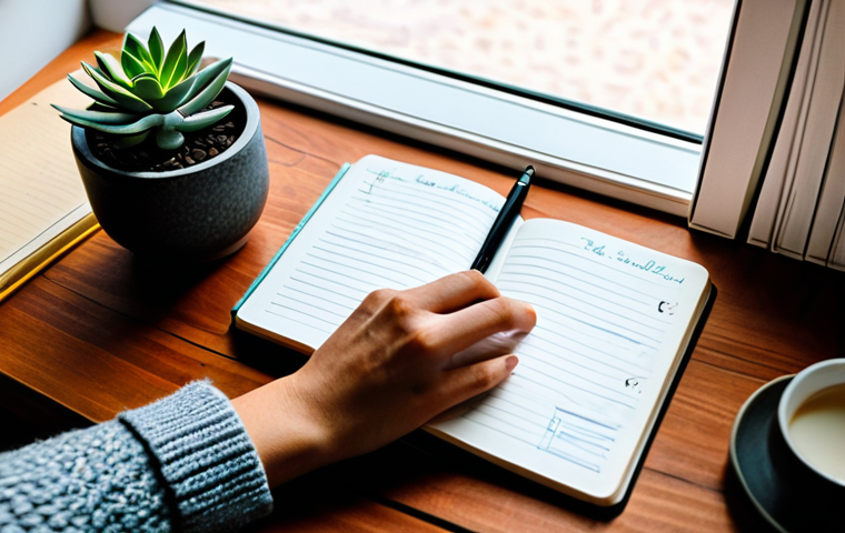 Habit Tracker at Home**
"A cozy, inviting scene of a person sitting at a wooden desk in a sunlit study, writing in a beautiful leather-bound journal with a colorful pen. The desk is decorated with a small succulent plant and a cup of steaming tea. The person is fully clothed in comfortable, modest clothing. The journal is open to a page showing checkboxes and handwritten notes about daily habits. Focus on the warm, natural lighting and the sense of calm and self-reflection. safe for work, appropriate content, fully clothed, professional, modest, family-friendly, perfect anatomy, correct proportions, natural pose, well-formed hands, proper finger count, natural body proportions."
**